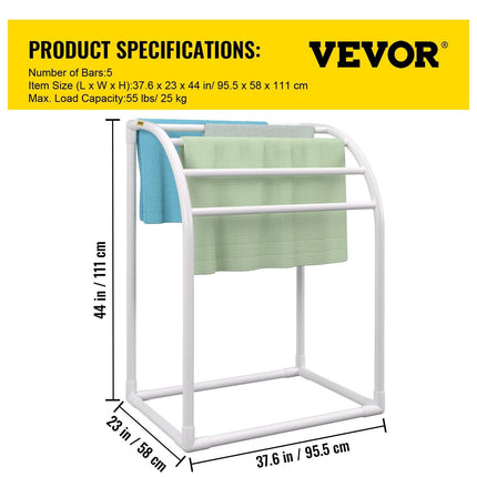 Pool Towel Rack, 5 Bar, Milky, Freestanding Outdoor PVC Curved Poolside Storage Organizer, Include 8 Towel Clips, Mesh Bag, Hook, Also Stores Floats and Paddles, for Beach, Swimming Pool, Home.