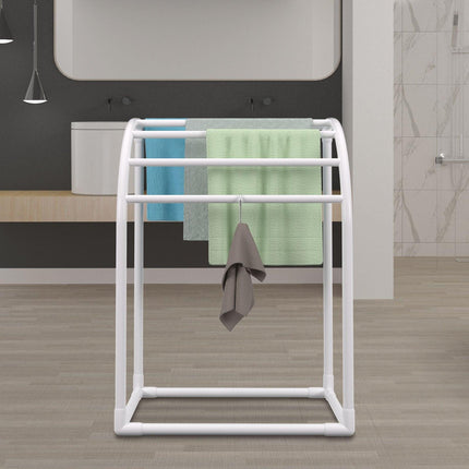 Pool Towel Rack, 5 Bar, Milky, Freestanding Outdoor PVC Curved Poolside Storage Organizer, Include 8 Towel Clips, Mesh Bag, Hook, Also Stores Floats and Paddles, for Beach, Swimming Pool, Home.