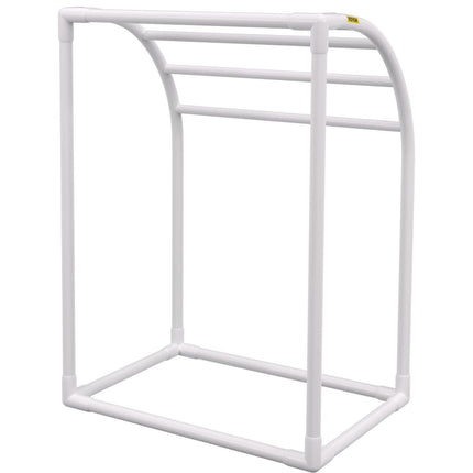 Pool Towel Rack, 5 Bar, Milky, Freestanding Outdoor PVC Curved Poolside Storage Organizer, Include 8 Towel Clips, Mesh Bag, Hook, Also Stores Floats and Paddles, for Beach, Swimming Pool, Home.