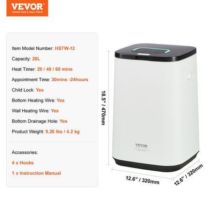 20L Large Towel Warmer Bucket with LED Screen U-shaped Light & Timer White.