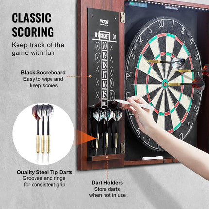 Dartboard and Cabinet Set Official Size Complete Accessory Steel Tip Dart.