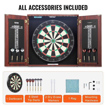 Dartboard and Cabinet Set Official Size Complete Accessory Steel Tip Dart.