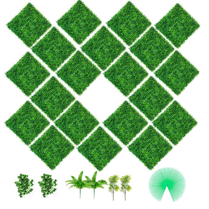 Artificial Boxwood Panels, 20 PCS 20""x20"" Boxwood Hedge Wall Panels, PE Artificial Grass Backdrop Wall 1.6"", Privacy Hedge Screen for Decoration of Outdoor, Indoor, Garden, Fence, and Backyar.