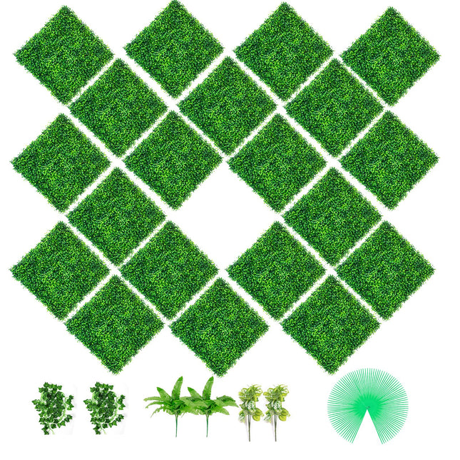 Artificial Boxwood Panels, 20 PCS 20""x20"" Boxwood Hedge Wall Panels, PE Artificial Grass Backdrop Wall 1.6"", Privacy Hedge Screen for Decoration of Outdoor, Indoor, Garden, Fence, and Backyar.