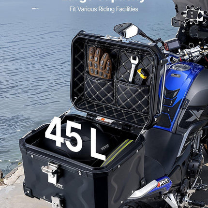 Motorcycle Top Case, Universal Aluminum Alloy Motorbike Tail Box with Leather Lining, 45L Waterproof Detachable Motorcycle Top Box with Lock & Back Cushion, Fit for 99% of Motorcycle Frames.