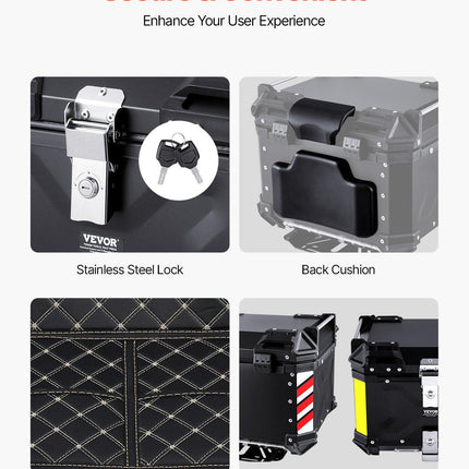 Motorcycle Top Case, Universal Aluminum Alloy Motorbike Tail Box with Leather Lining, 45L Waterproof Detachable Motorcycle Top Box with Lock & Back Cushion, Fit for 99% of Motorcycle Frames.