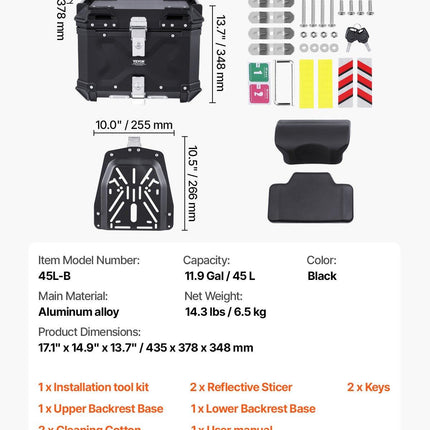Motorcycle Top Case, Universal Aluminum Alloy Motorbike Tail Box with Leather Lining, 45L Waterproof Detachable Motorcycle Top Box with Lock & Back Cushion, Fit for 99% of Motorcycle Frames.