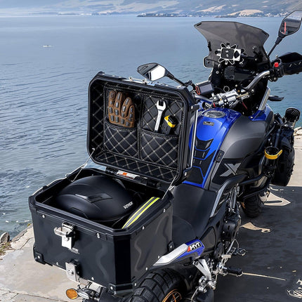 Motorcycle Top Case, Universal Aluminum Alloy Motorbike Tail Box with Leather Lining, 45L Waterproof Detachable Motorcycle Top Box with Lock & Back Cushion, Fit for 99% of Motorcycle Frames.