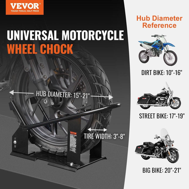 Motorcycle Wheel Chock, 816.5 kg Capacity Wheel Cradle Holder, Heavy-duty Steel Motorcycle Front Wheel Stand with 3 Adjustable Holes, For 381-533.4 mm Off-Road Motorcycles, Standard Motorcycles.