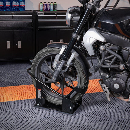 Motorcycle Wheel Chock, 816.5 kg Capacity Wheel Cradle Holder, Heavy-duty Steel Motorcycle Front Wheel Stand with 3 Adjustable Holes, For 381-533.4 mm Off-Road Motorcycles, Standard Motorcycles.