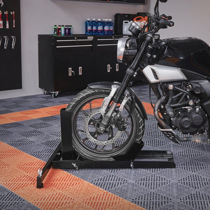 Motorcycle Wheel Chock Upright, 816.5 kg Capacity, Heavy-duty Steel Motorcycle Front Wheel Stand with 6 Adjustable Holes, For 381-558.8 mm Off-Road Motorcycles, Standard Motorcycles.