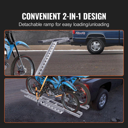 Motorcycle Carrier, 2-Bike 272.15KGS Aluminum Motorcycle Carrier Hitch Mount, Loading Ramp, Scooter Dirt Bike Trailer Hauler, Ratchet Straps and Stabilizer, for Car, Truck with 2" Hitch Receiver.