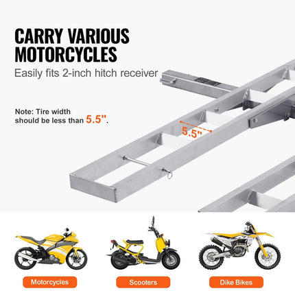 Motorcycle Carrier, 2-Bike 272.15KGS Aluminum Motorcycle Carrier Hitch Mount, Loading Ramp, Scooter Dirt Bike Trailer Hauler, Ratchet Straps and Stabilizer, for Car, Truck with 2" Hitch Receiver.