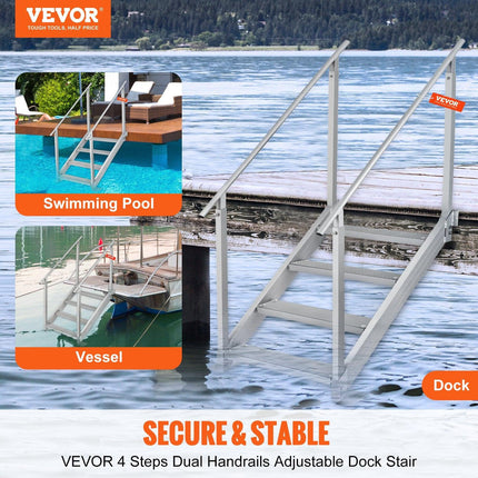 Dock Ladder 4 Step, Dock Stairs 30''-38'' Adjustable Height, 227 kgs Load Capacity, Aluminum Pontoon Boat Ladder with Dual Handrails & Nonslip Mat for Ship/Lake/Pool/Marine Boarding.