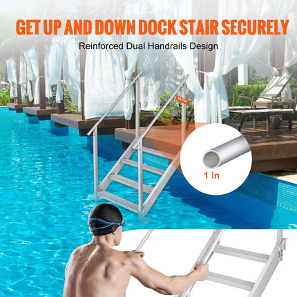 Dock Ladder 4 Step, Dock Stairs 30''-38'' Adjustable Height, 227 kgs Load Capacity, Aluminum Pontoon Boat Ladder with Dual Handrails & Nonslip Mat for Ship/Lake/Pool/Marine Boarding.