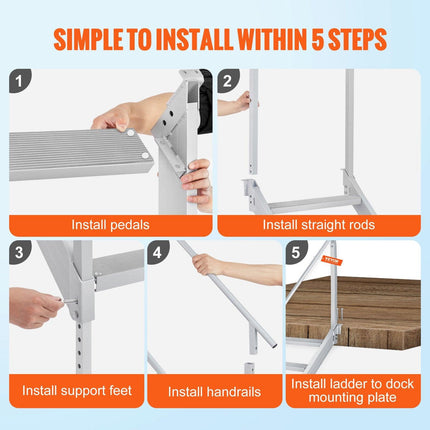 Dock Ladder 4 Step, Dock Stairs 30''-38'' Adjustable Height, 227 kgs Load Capacity, Aluminum Pontoon Boat Ladder with Dual Handrails & Nonslip Mat for Ship/Lake/Pool/Marine Boarding.