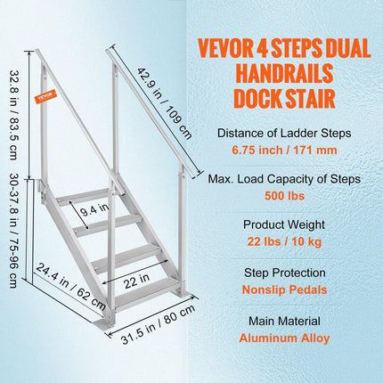 Dock Ladder 4 Step, Dock Stairs 30''-38'' Adjustable Height, 227 kgs Load Capacity, Aluminum Pontoon Boat Ladder with Dual Handrails & Nonslip Mat for Ship/Lake/Pool/Marine Boarding.