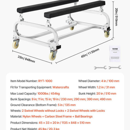 Watercraft PWC Dolly Boat 454 kg Capacity Jet Ski Stand Storage Cart.
