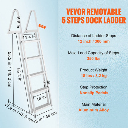 Removable Dock Ladder 5 Steps, 159 kg Load Capacity, Pontoon Boat Ladder with 4'' Wide Step & Nonslip Design for Ship/Lake/Pool/Marine Boarding.