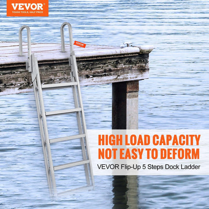 Dock Ladder Flip Up 5 Steps, 350lbs Load Capacity, Aluminum Pontoon Boat Ladder with 4" Wide Step & Nonslip Rubber Mat,Swimm Step Ladder for Ship/Lake/Pool/Marine Boarding.