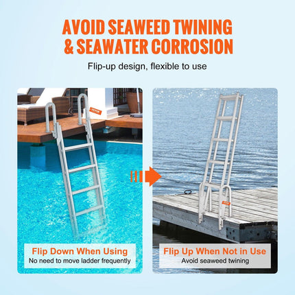 Dock Ladder Flip Up 5 Steps, 350lbs Load Capacity, Aluminum Pontoon Boat Ladder with 4" Wide Step & Nonslip Rubber Mat,Swimm Step Ladder for Ship/Lake/Pool/Marine Boarding.