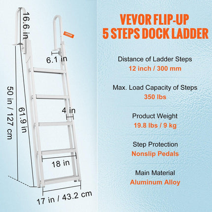 Dock Ladder Flip Up 5 Steps, 350lbs Load Capacity, Aluminum Pontoon Boat Ladder with 4" Wide Step & Nonslip Rubber Mat,Swimm Step Ladder for Ship/Lake/Pool/Marine Boarding.