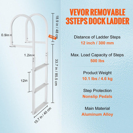 Dock Ladder, Removable 3 Steps, 227 kg Load Capacity, Aluminum Alloy Pontoon Boat Ladder with 7.9 cm Wide Step & Nonslip Rubber Mat, Easy to Install for Ship/Lake/Pool/Marine Boarding.