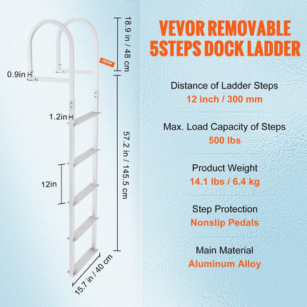 Dock Ladder, Removable 5 Steps, 227 kgs Load Capacity, Aluminum Alloy Pontoon Boat Ladder with 3.1'' Wide Step & Nonslip Rubber Mat, Easy to Install for Ship/Lake/Pool/Marine Boarding.