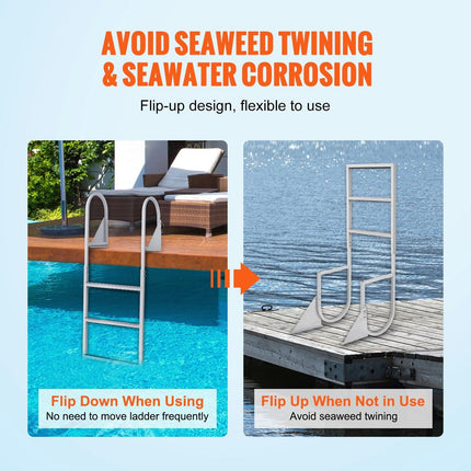 Dock Ladder, Flip-Up 3 Steps, 159 kg Load Capacity, Aluminum Alloy Pontoon Boat Ladder with 50.8 mm Wide Step & Nonslip Rubber Mat, Easy to Install for Ship/Lake/Pool/Marine Boarding.