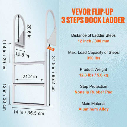 Dock Ladder, Flip-Up 3 Steps, 159 kg Load Capacity, Aluminum Alloy Pontoon Boat Ladder with 50.8 mm Wide Step & Nonslip Rubber Mat, Easy to Install for Ship/Lake/Pool/Marine Boarding.