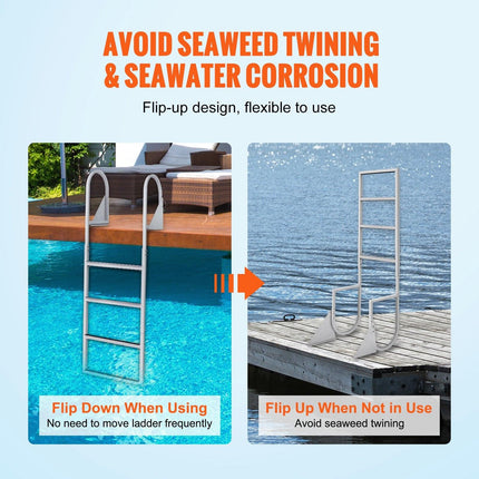 Dock Ladder, Flip-Up 4 Steps, 159 kg Load Capacity, Aluminum Alloy Pontoon Boat Ladder with 50.8 mm Wide Step & Nonslip Rubber Mat, Easy to Install for Ship/Lake/Pool/Marine Boarding.