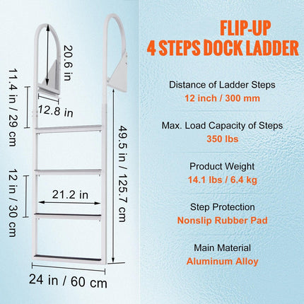 Dock Ladder, Flip-Up 4 Steps, 159 kg Load Capacity, Aluminum Alloy Pontoon Boat Ladder with 50.8 mm Wide Step & Nonslip Rubber Mat, Easy to Install for Ship/Lake/Pool/Marine Boarding.