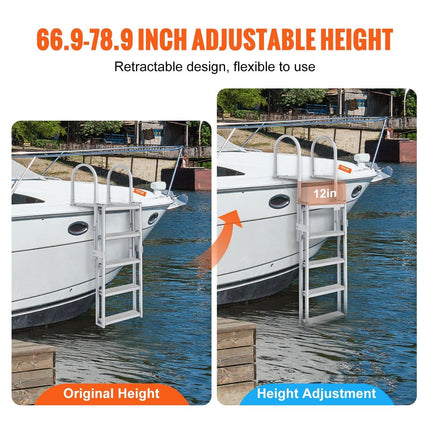 Dock Ladder, Retractable 5 Steps, 350 lbs Load Capacity, Aluminum Alloy Pontoon Boat Ladder with 66.9''-78.9'' Adjustable Height, 4'' Wide Step & Mat, for Ship/Lake/Pool/Marine Boarding.