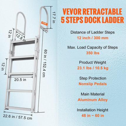 Dock Ladder, Retractable 5 Steps, 350 lbs Load Capacity, Aluminum Alloy Pontoon Boat Ladder with 66.9''-78.9'' Adjustable Height, 4'' Wide Step & Mat, for Ship/Lake/Pool/Marine Boarding.