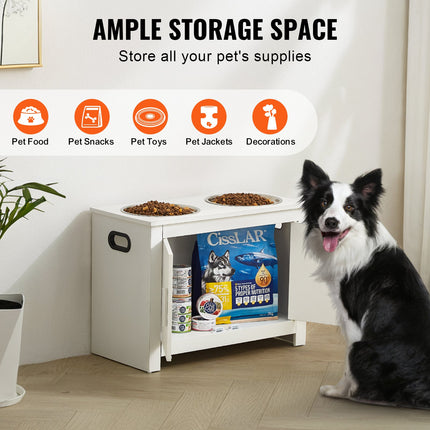 Pet Feeding Station w/ 2 Elevated Dog Bowls Dog Food & Toy Storage Cabinet.