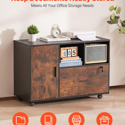 Wood File Cabinet Lockable Mobile Filing Cabinet Open Shelves Rustic Brown.