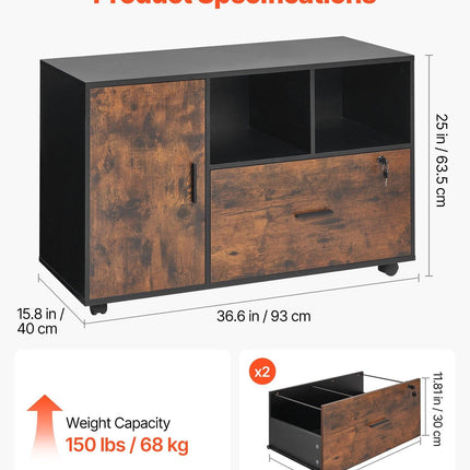 Wood File Cabinet Lockable Mobile Filing Cabinet Open Shelves Rustic Brown.