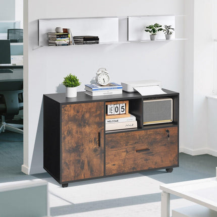 Wood File Cabinet Lockable Mobile Filing Cabinet Open Shelves Rustic Brown.