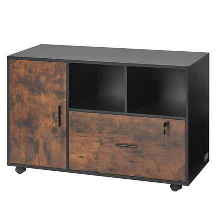 Wood File Cabinet Lockable Mobile Filing Cabinet Open Shelves Rustic Brown.