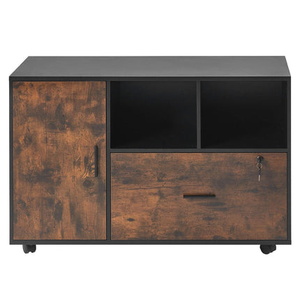 Wood File Cabinet Lockable Mobile Filing Cabinet Open Shelves Rustic Brown.