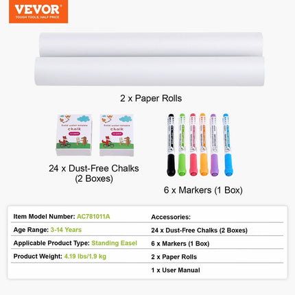 Easel Accessory Set Chalk & Markers & Paper Rolls 32PCS for Standing Easel.