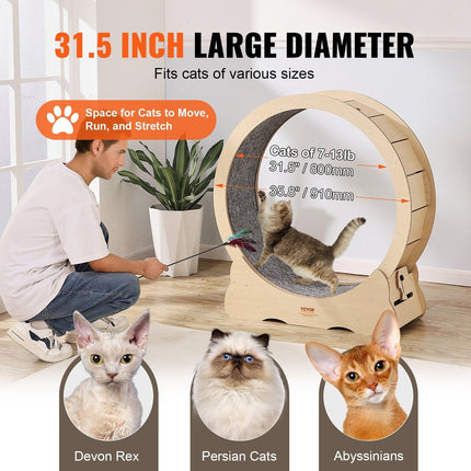 Cat Exercise Wheel, Large Cat Treadmill Wheel for Indoor Cats, 35.8 inch Cat Running Wheel with Detachable Carpet and Cat Teaser for Running/Walking/Training, Suitable for Most Cats.