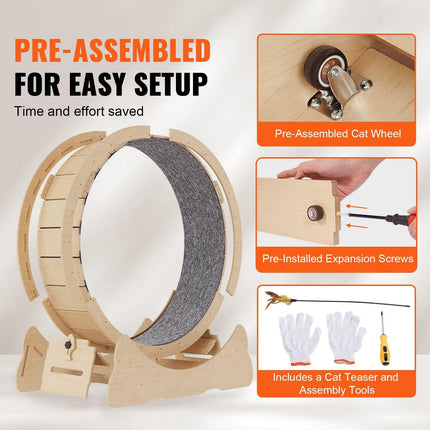 Cat Exercise Wheel, Large Cat Treadmill Wheel for Indoor Cats, 35.8 inch Cat Running Wheel with Detachable Carpet and Cat Teaser for Running/Walking/Training, Suitable for Most Cats.