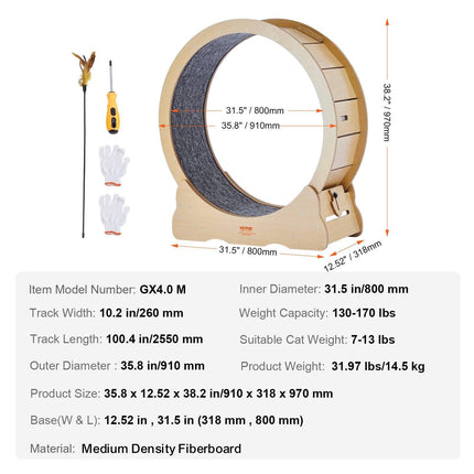 Cat Exercise Wheel, Large Cat Treadmill Wheel for Indoor Cats, 35.8 inch Cat Running Wheel with Detachable Carpet and Cat Teaser for Running/Walking/Training, Suitable for Most Cats.