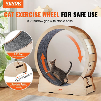 Wooden Cat Exercise Wheel, 43.3" Large Cat Treadmill Wheel for Indoor Cats, Cat Running Wheel with Detachable Carpet & Cat Teaser for Running/Walking/Training, Suitable for Most Cats Yellow.