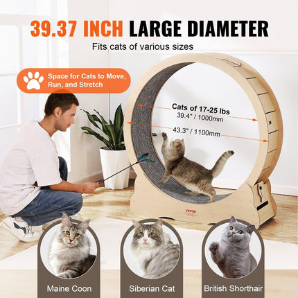 Wooden Cat Exercise Wheel, 43.3" Large Cat Treadmill Wheel for Indoor Cats, Cat Running Wheel with Detachable Carpet & Cat Teaser for Running/Walking/Training, Suitable for Most Cats Yellow.