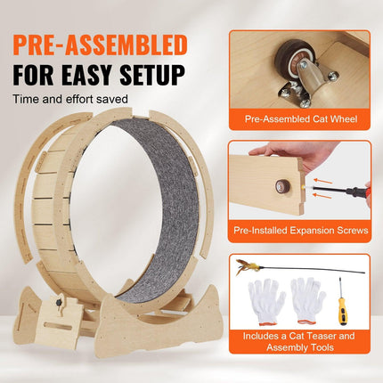 Wooden Cat Exercise Wheel, 43.3" Large Cat Treadmill Wheel for Indoor Cats, Cat Running Wheel with Detachable Carpet & Cat Teaser for Running/Walking/Training, Suitable for Most Cats Yellow.