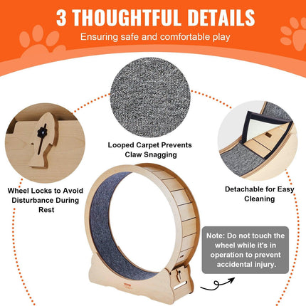 Wooden Cat Exercise Wheel, 43.3" Large Cat Treadmill Wheel for Indoor Cats, Cat Running Wheel with Detachable Carpet & Cat Teaser for Running/Walking/Training, Suitable for Most Cats Yellow.