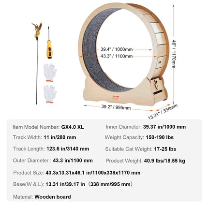 Wooden Cat Exercise Wheel, 43.3" Large Cat Treadmill Wheel for Indoor Cats, Cat Running Wheel with Detachable Carpet & Cat Teaser for Running/Walking/Training, Suitable for Most Cats Yellow.