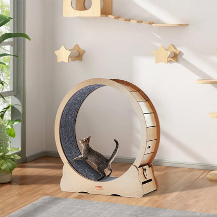 Wooden Cat Exercise Wheel, 43.3" Large Cat Treadmill Wheel for Indoor Cats, Cat Running Wheel with Detachable Carpet & Cat Teaser for Running/Walking/Training, Suitable for Most Cats Yellow.